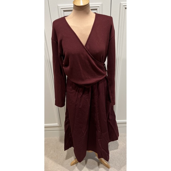 Zara Womens Wrap Dress Large Burgundy Midi V-Neck Long Sleeve Knit - Picture 2 of 12